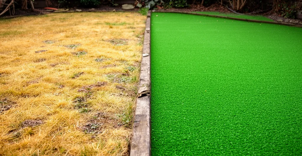 Vue comparative entre gazon naturel jauni et gazon synthétique vert